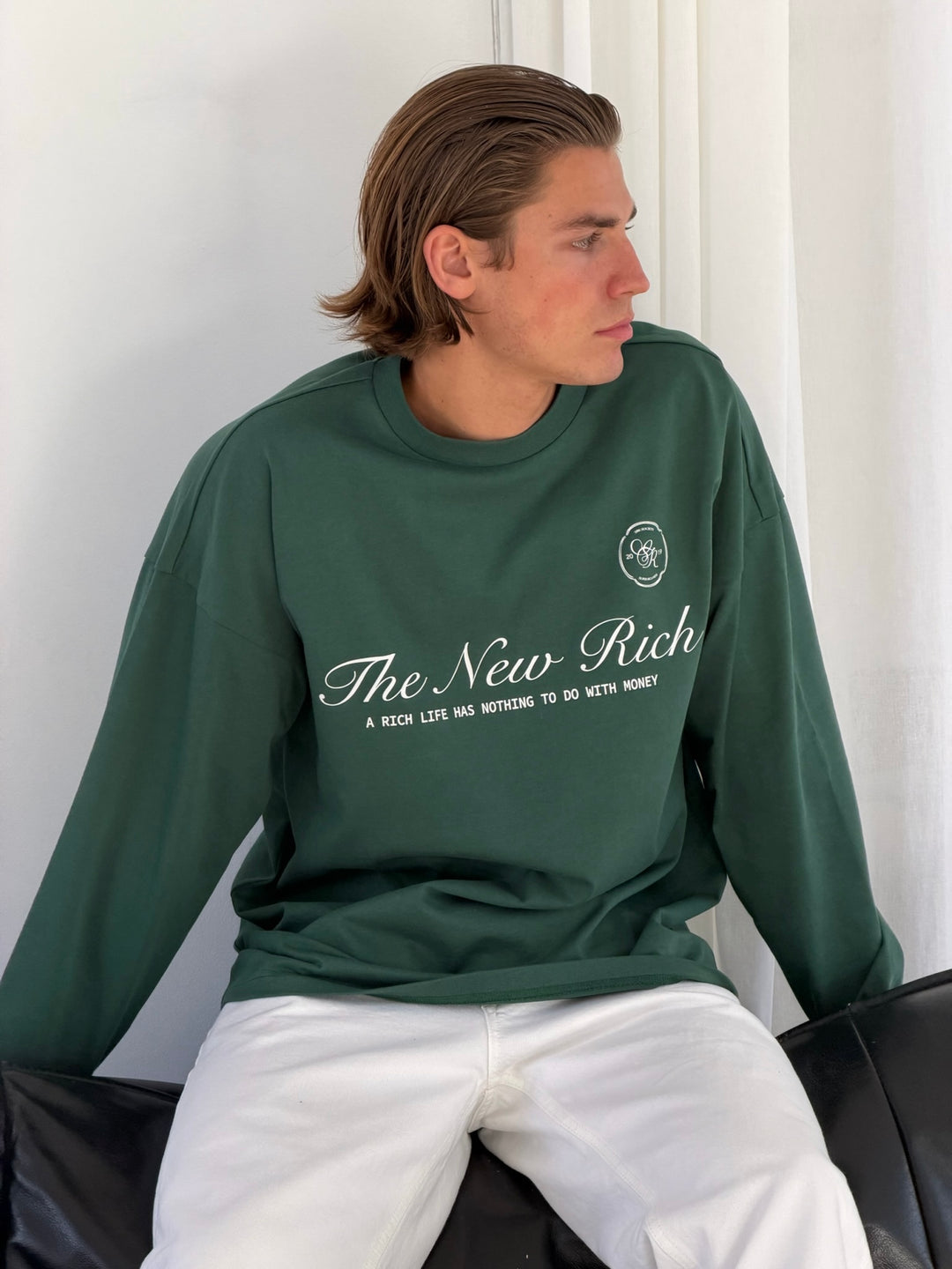 'Rich Life' Longsleeve Tee 'Green & White'