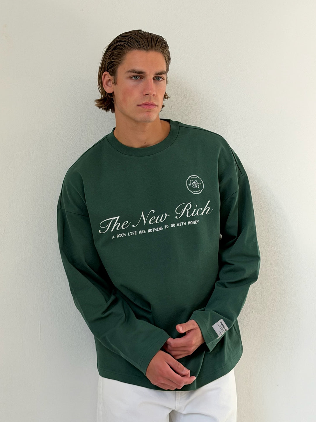 'Rich Life' Longsleeve Tee 'Green & White'