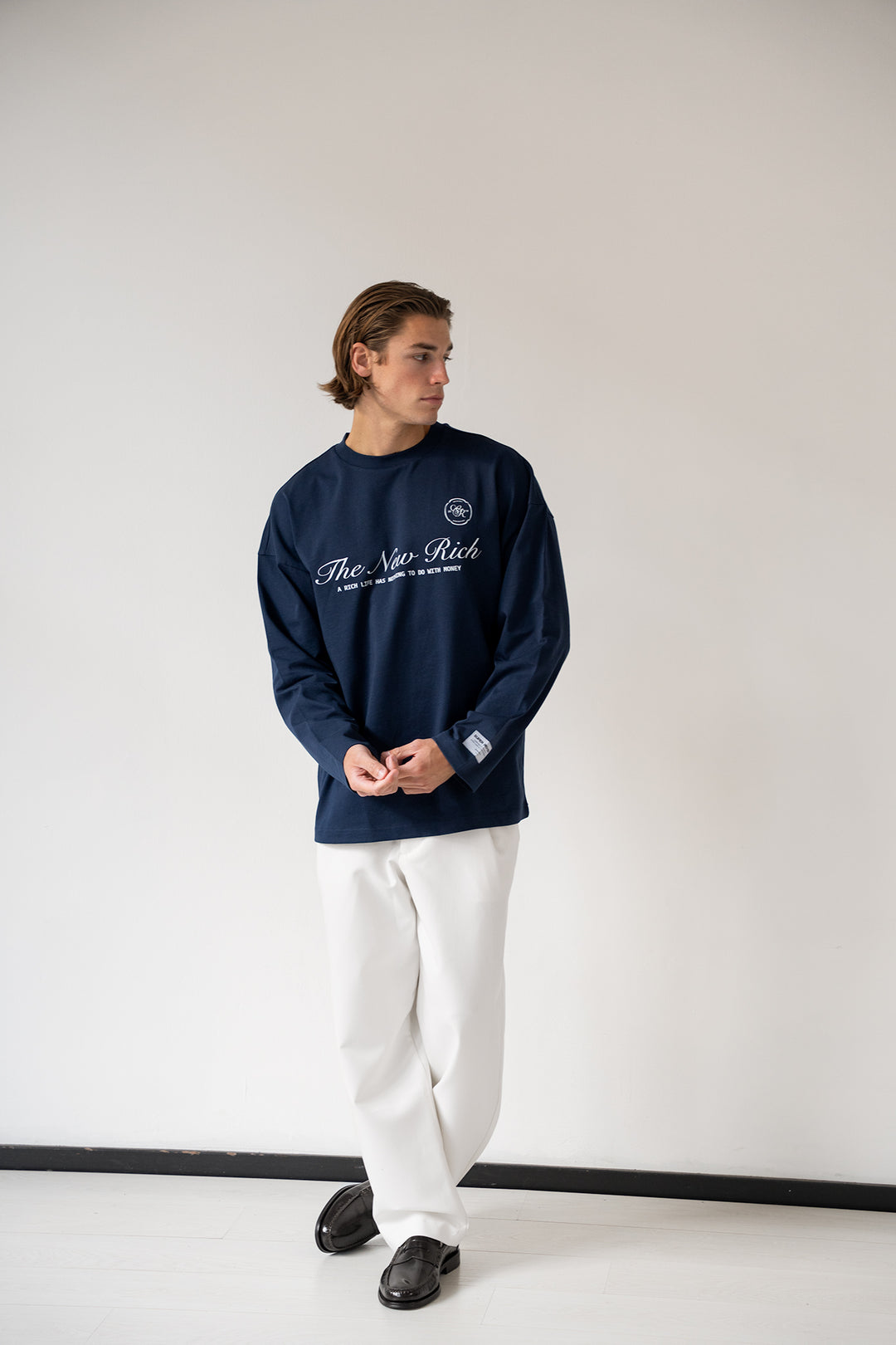 'Rich Life' Longsleeve Tee 'Navy & White'