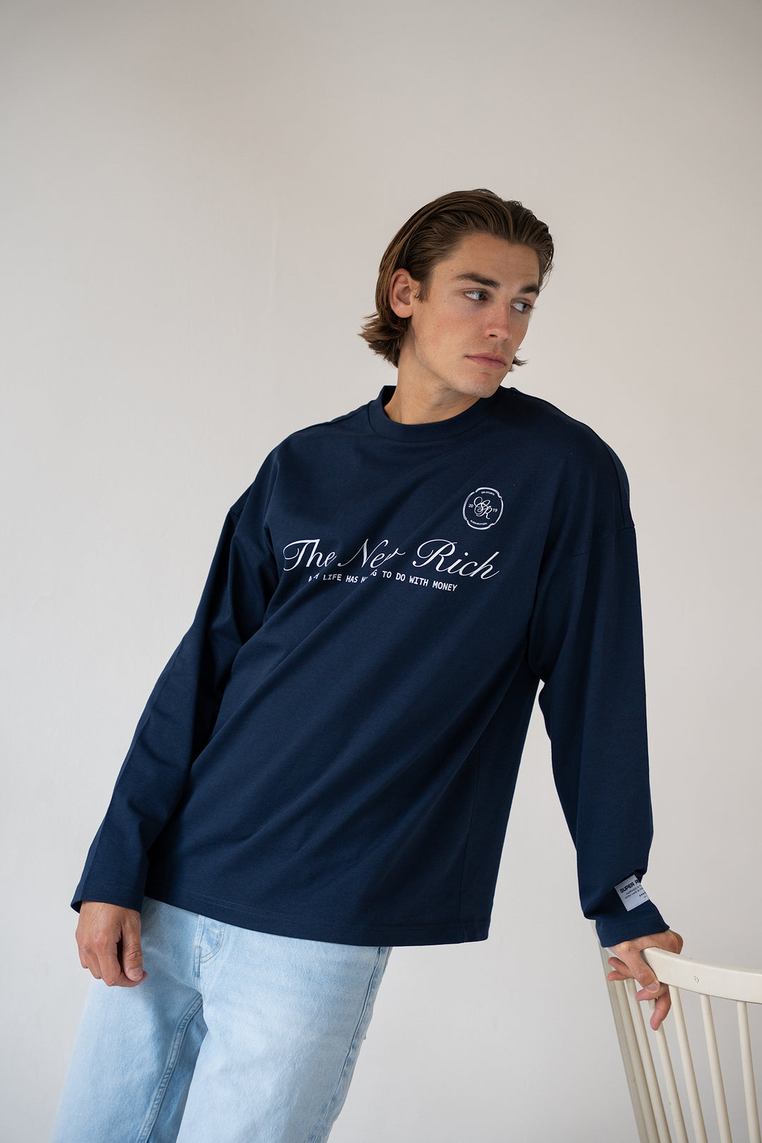 'Rich Life' Longsleeve Tee 'Navy & White'