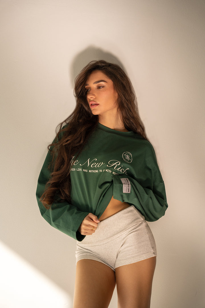 'Rich Life' Longsleeve Tee 'Green & White'