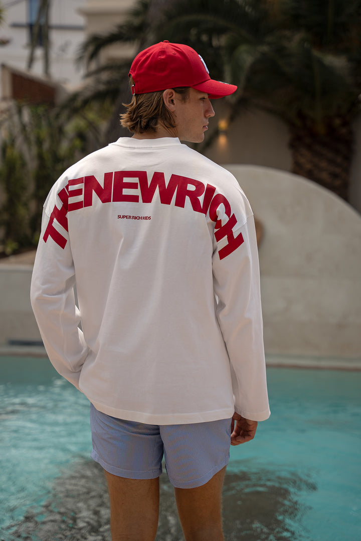 'THE NEW RICH' Longsleeve Tee - Off White & Red