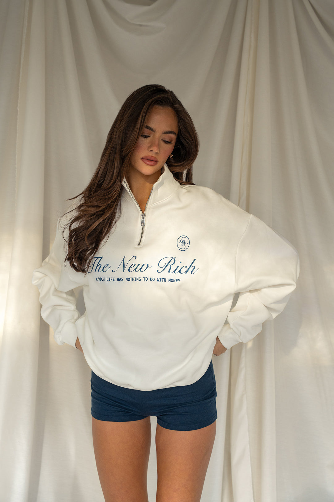 'The New Rich' Quarter Zip Sweater 'Off White & Navy'