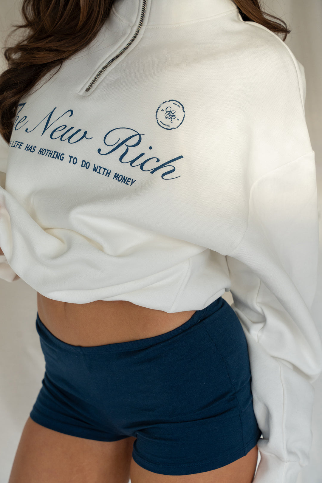 'The New Rich' Quarter Zip Sweater 'Off White & Navy'