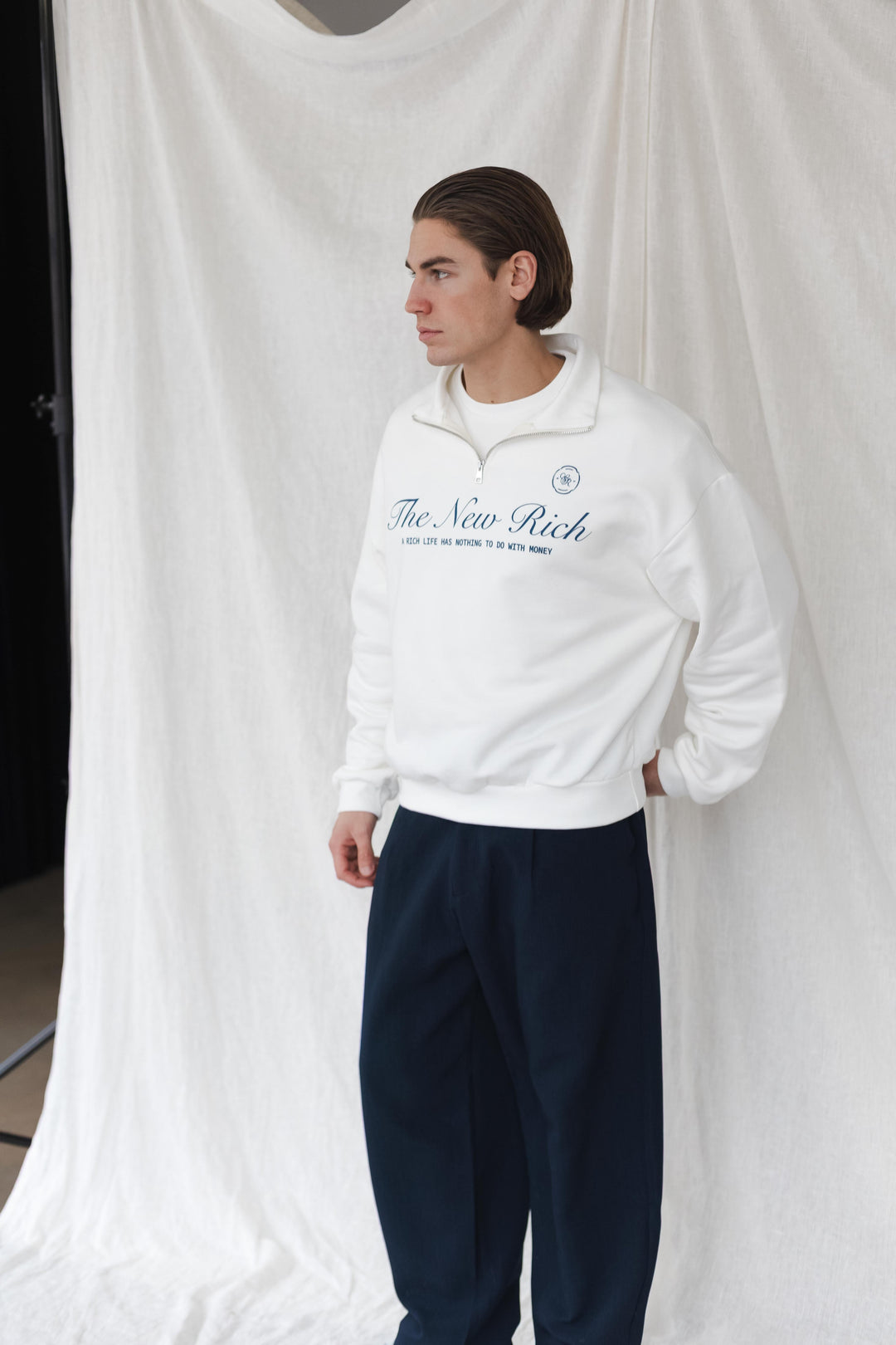 'The New Rich' Quarter Zip Sweater 'Off White & Navy'