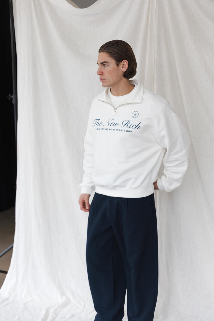 'The New Rich' Quarter Zip Sweater 'Off White & Navy'