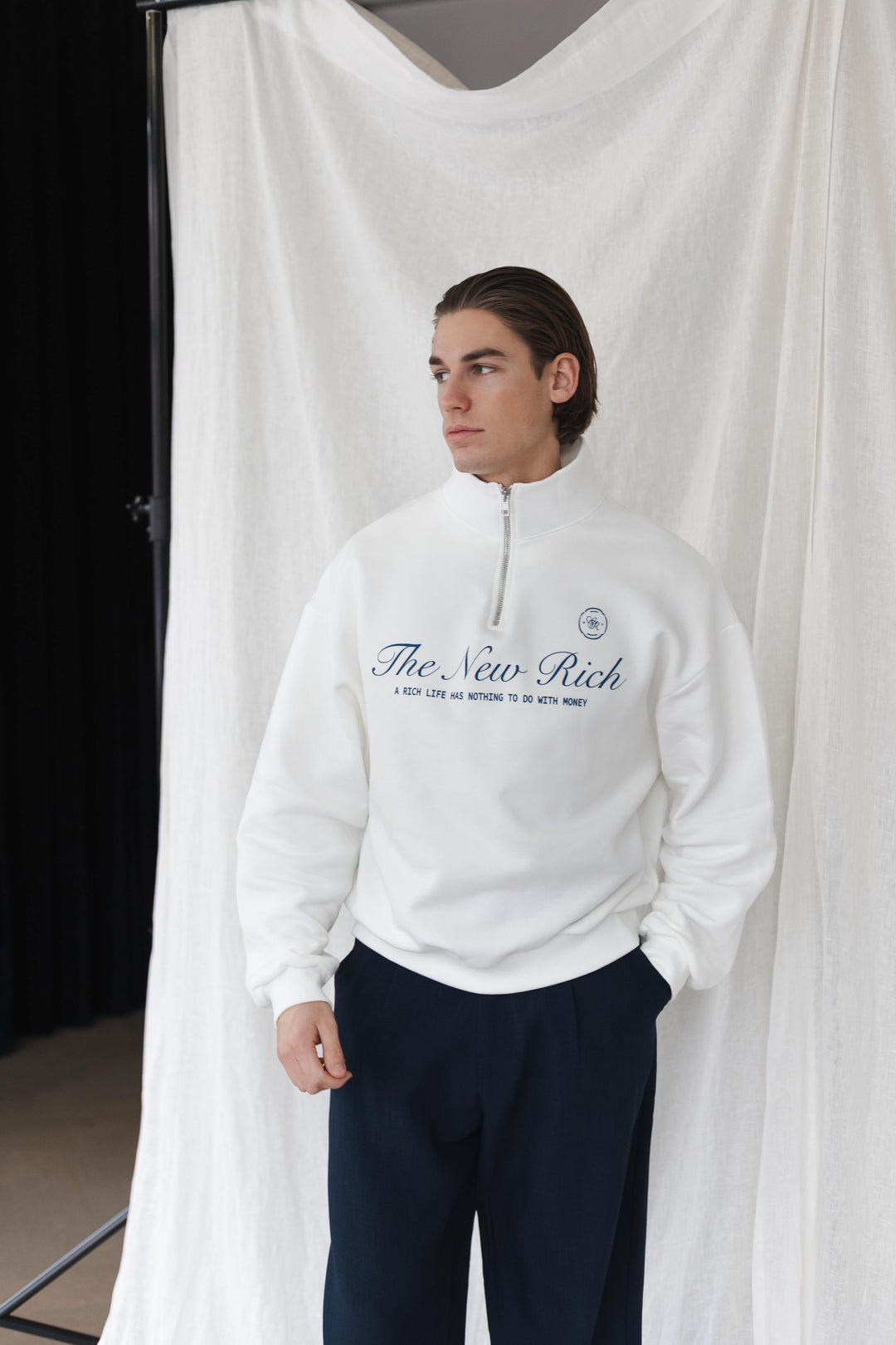 'The New Rich' Quarter Zip Sweater 'Off White & Navy'