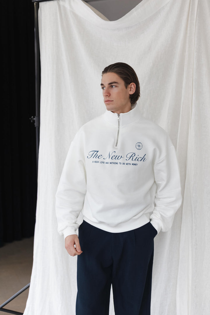 'The New Rich' Quarter Zip Sweater 'Off White & Navy'