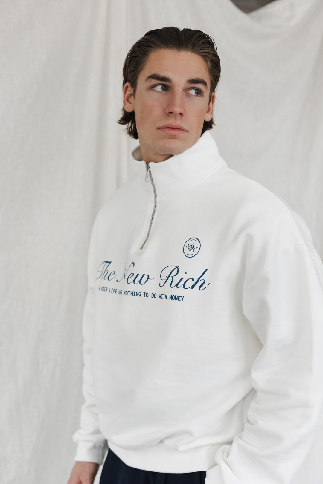 'The New Rich' Quarter Zip Sweater 'Off White & Navy'