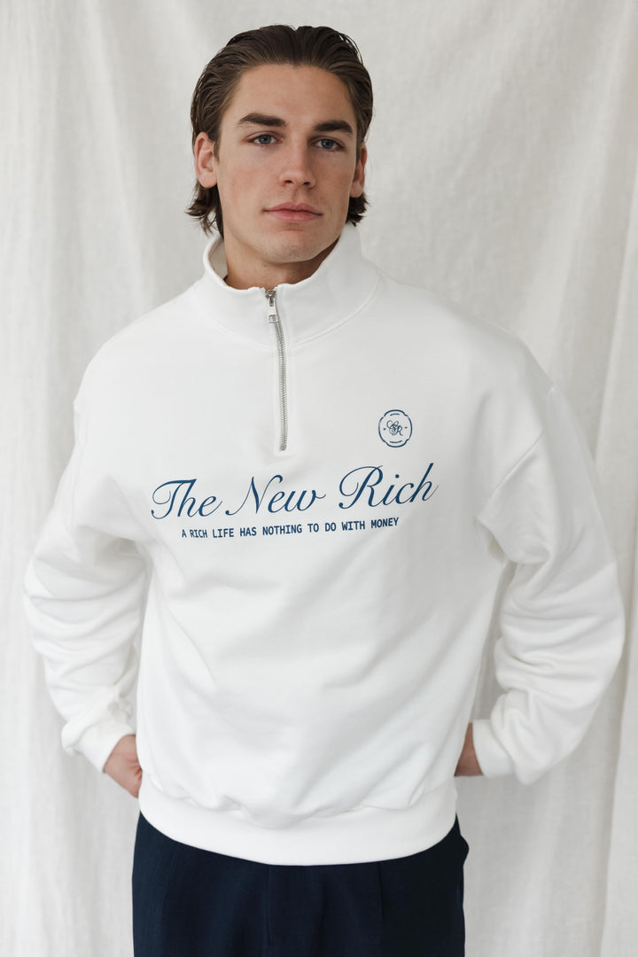 'The New Rich' Quarter Zip Sweater 'Off White & Navy'