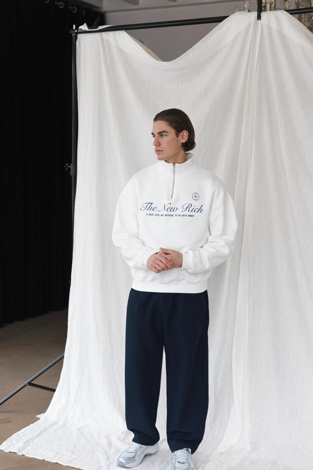 'The New Rich' Quarter Zip Sweater 'Off White & Navy'